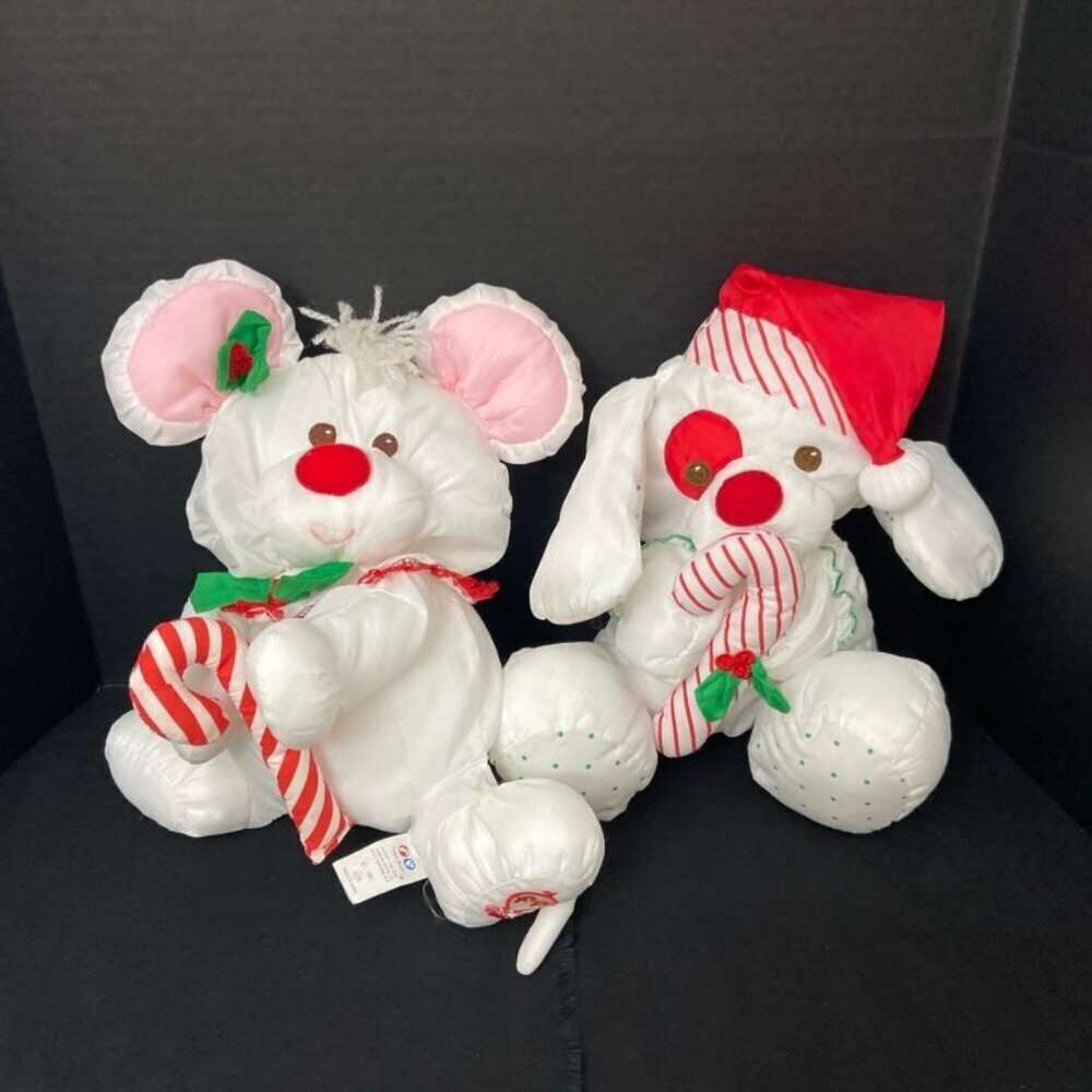 Vtg Fisher Price Christmas Puffalumps Dog (year unknown) & Mouse 1987 Candy Cane